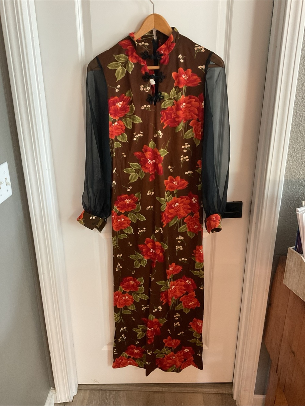 Brown Floral Jumpsuit Maxi Skirt with Sheer Black Sleeves